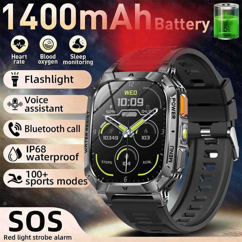Rugged Outdoor Smart Watch 1400mAh 2.01" HD Screen Bluetooth Call GPS IP68 Waterproof Flashlight SOS Fitness Watch for Men