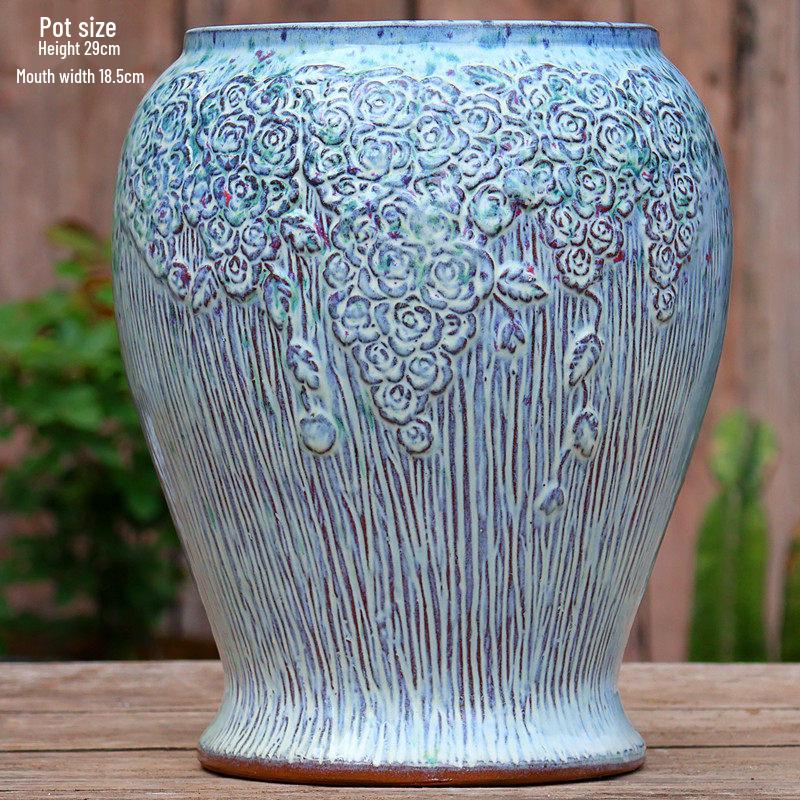 Handmade Embossed Rose Ceramic Pot for Succulents - Tall, Breathable Coarse Pottery Planter