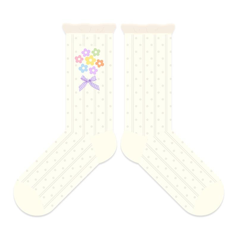 Spring and Summer Light Color Contrasted Stripes, Cream-colored Fluffy Little Flower Bow Cotton Socks, Children's Mid-length Pile Socks