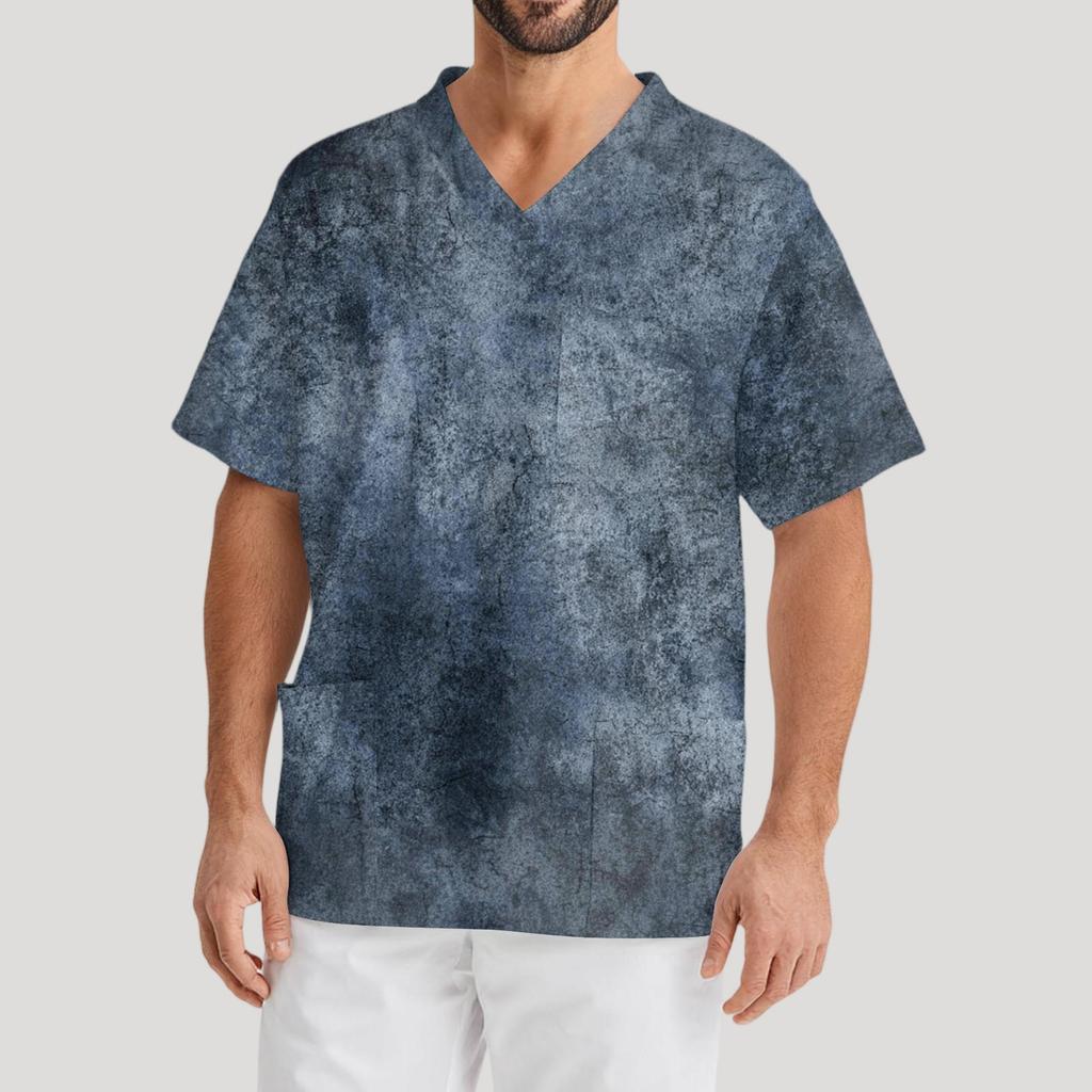 Мужская рабочая блузка с короткими рукавами и v-образным вырезом с принтом, топ с нагрудным карманом