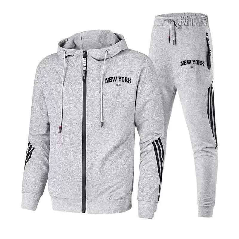 New York 199x Мужские толстовки + брюки Комплекты из двух предметов Тройная наклонная куртка с капюшоном Спортивные спортивные костюмы на молнии Спортивная одежда для бега Мужская одежда для фитнеса