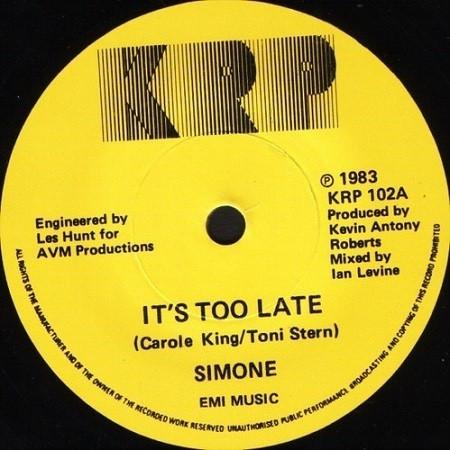 7-дюймовая пластинка SIMONE Its Too Late KRP102 KRP 1983 UK Dance Electronica Б/у