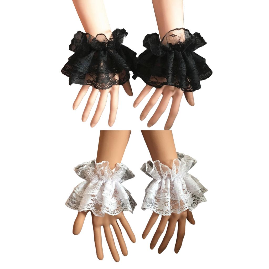 Cosplay Maid Pleated Flared Wrist Cuffs with Lace Flower Pattern Decors Detachable Wrist Woman Clothing Accessory