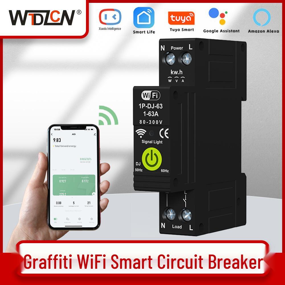 Graffiti Smart WiFi Circuit Breaker with Cross-Border Leakage Protection, Photovoltaic Bidirectional Metering, Voltage Control, and Timer.