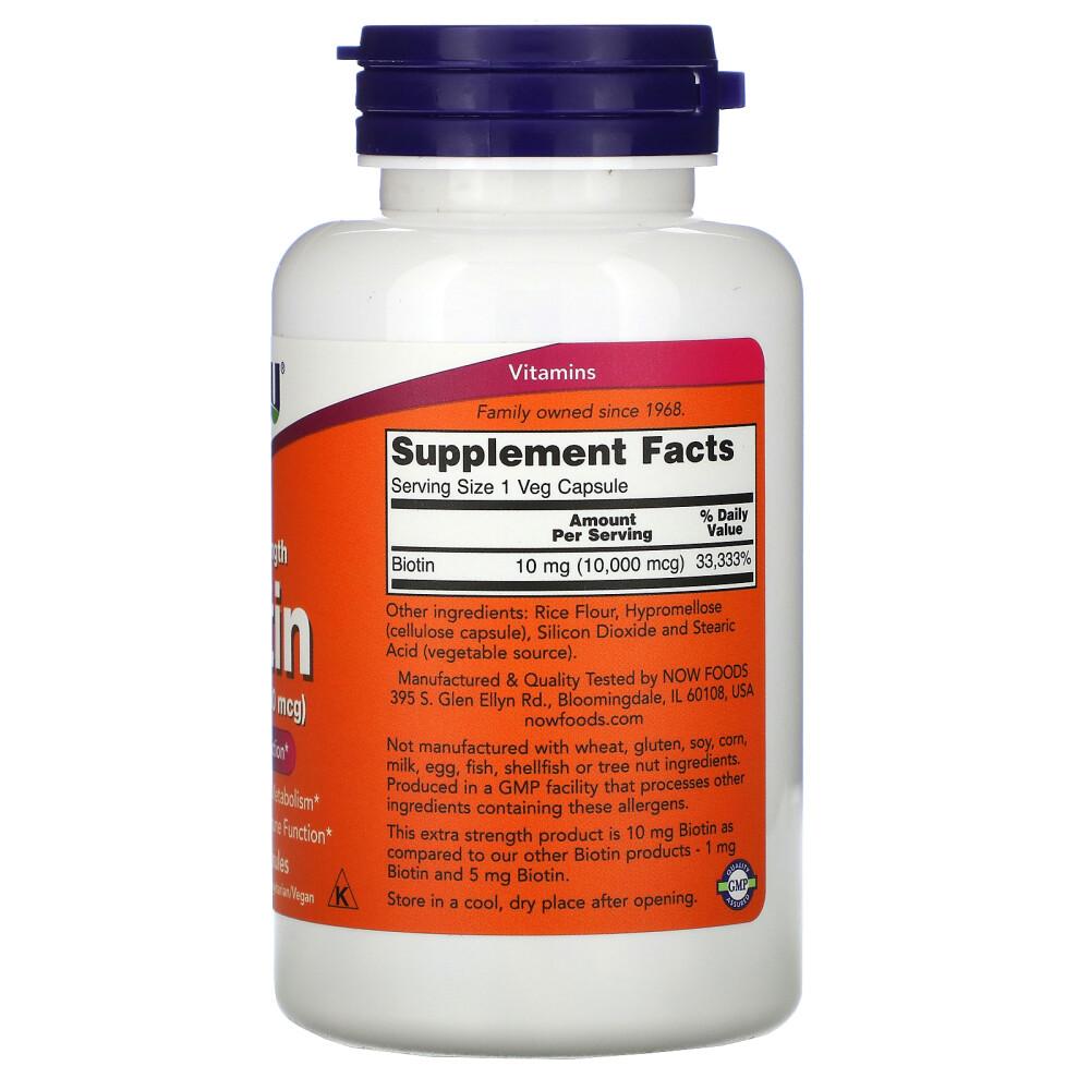 NOW Foods Extra Strength Biotin 10mg (10,000mcg) Veg Capsules, 120 Count