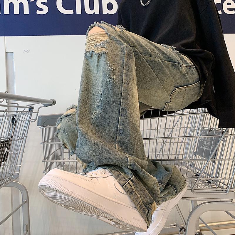 Летние уличные ретро рваные вареные джинсы прямого кроя для мужчин и женщин