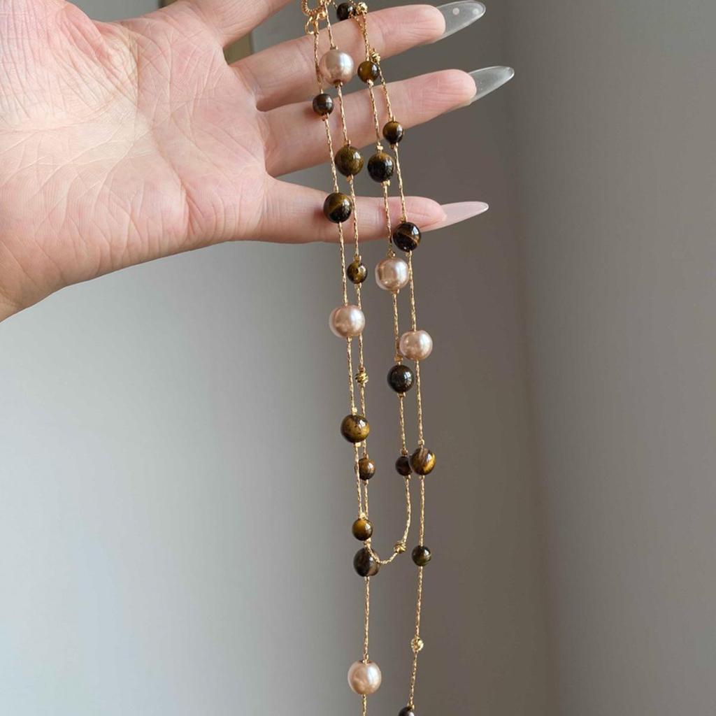 High-End Retro Tiger Eye Pearl Sweater Necklace for Women