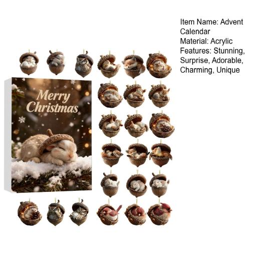 2025 Лесные животные Желуди Украшения Адвент-календарь 2D Акрил Уютный Лес Набор Рождественских украшений Шишка Животное Обратный отсчет Украшение для Рождественской елки