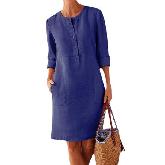 Осень-весна Женское платье Круглый вырез Однотонные пуговицы Свободные длинные рукава Накладной карман Длина до колена
