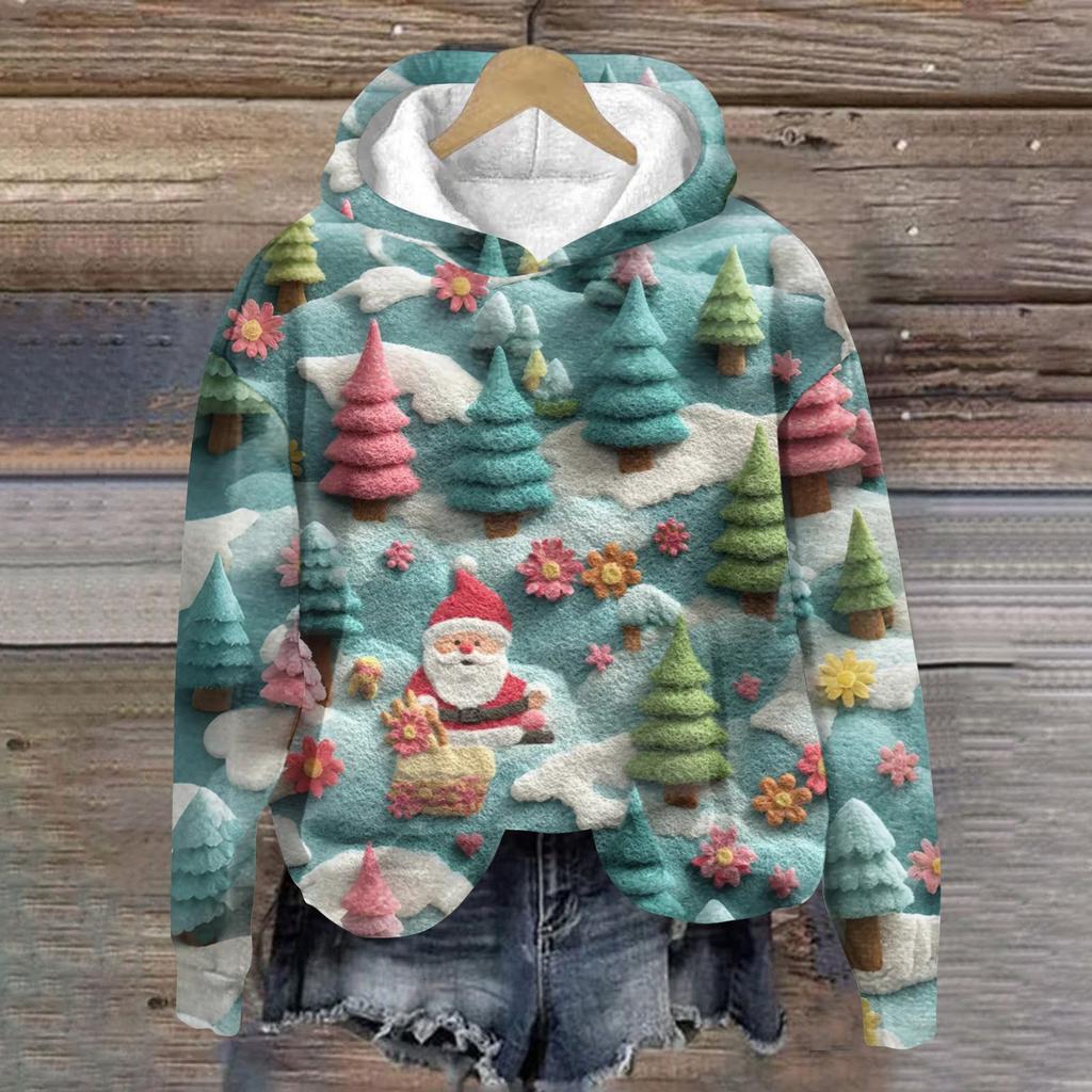 Women's Fashion Long Sleeve Christmas Print Loose Hooded Sweatshirt Top