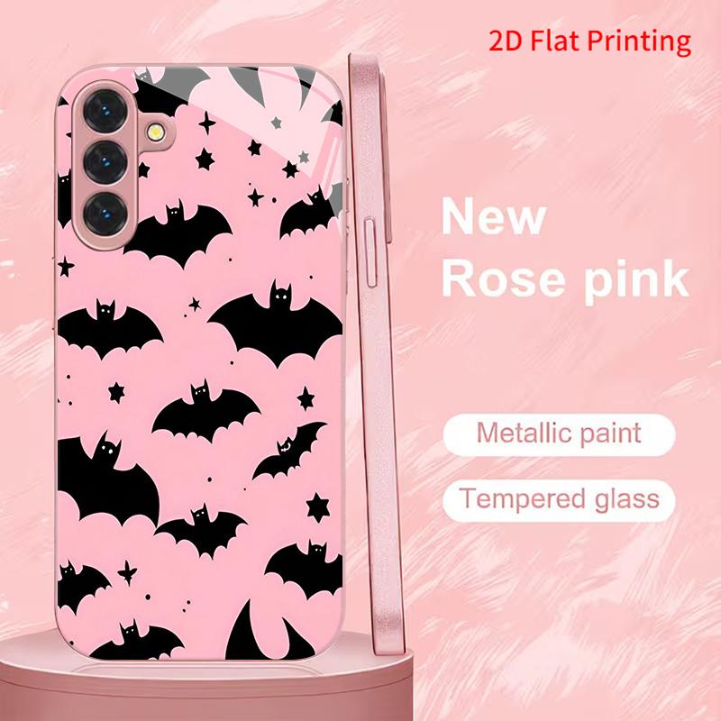 2DFlat Samsung electroplated tempered glass phone case,Cute Bat Pattern Phone CaseSuitable for Galaxy S26 S23 S24FE S25ULTRA S22 S21