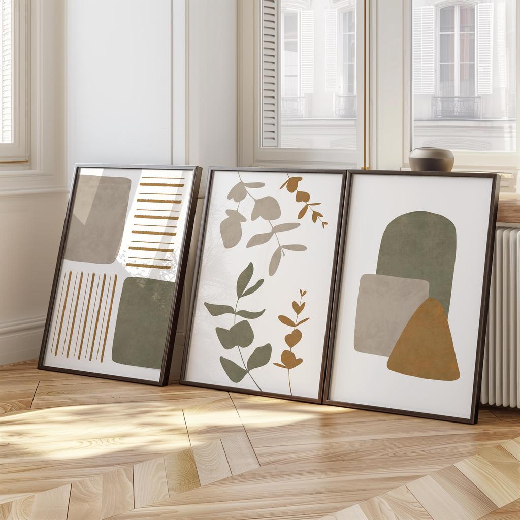 Boho Abstract Wall Art Set of 3 Neutral Botanical Prints Earthy Japandi Decor Minimalist Geometric Posters Modern Home Print