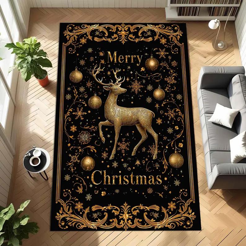 Christmas Tree Area Rug Red Gold Ornaments on Green Background Halloween Pumpkin Ghosts Rug Classic Holiday Rug for Xmas Decor