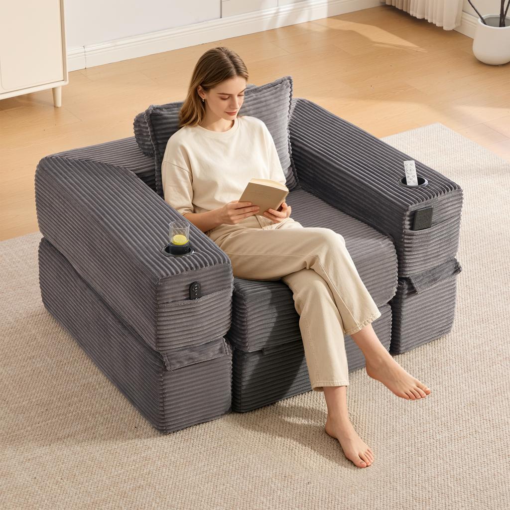 Corduroy Folding Sofa with foam & spring core for a shape-stable seat, side pocket + cup holder, armrest with zipper, vacuum-packed, easy assembly.
