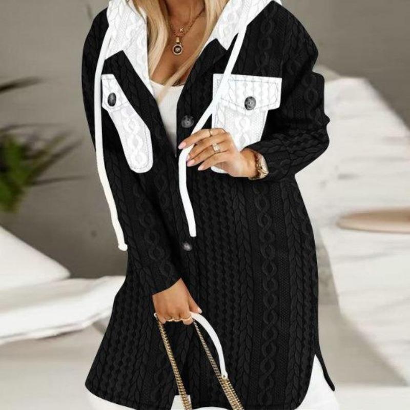 Женский длинный кардиган, большой кардиган с капюшоном, уютный свитер с капюшоном, пальто с витым узором, контрастный цвет для женщин, плотная куртка