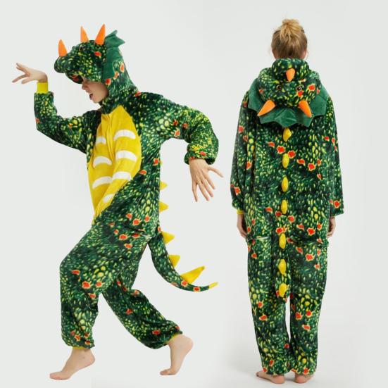 One-piece Cartoon Dinosuar Pajamas Cosplay Costume Halloween Parties Role-Playing Outfit Thick Flannel Sleepwear Winter Warmth Homewear Clothes