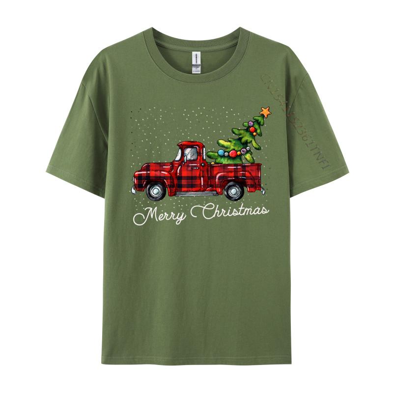 Crafty Merry Christmas Tree On Red Plaid Pickup T-Shirt Men Round-Neck Camisas Casual Tshirt Soft Cotton Fit Tee