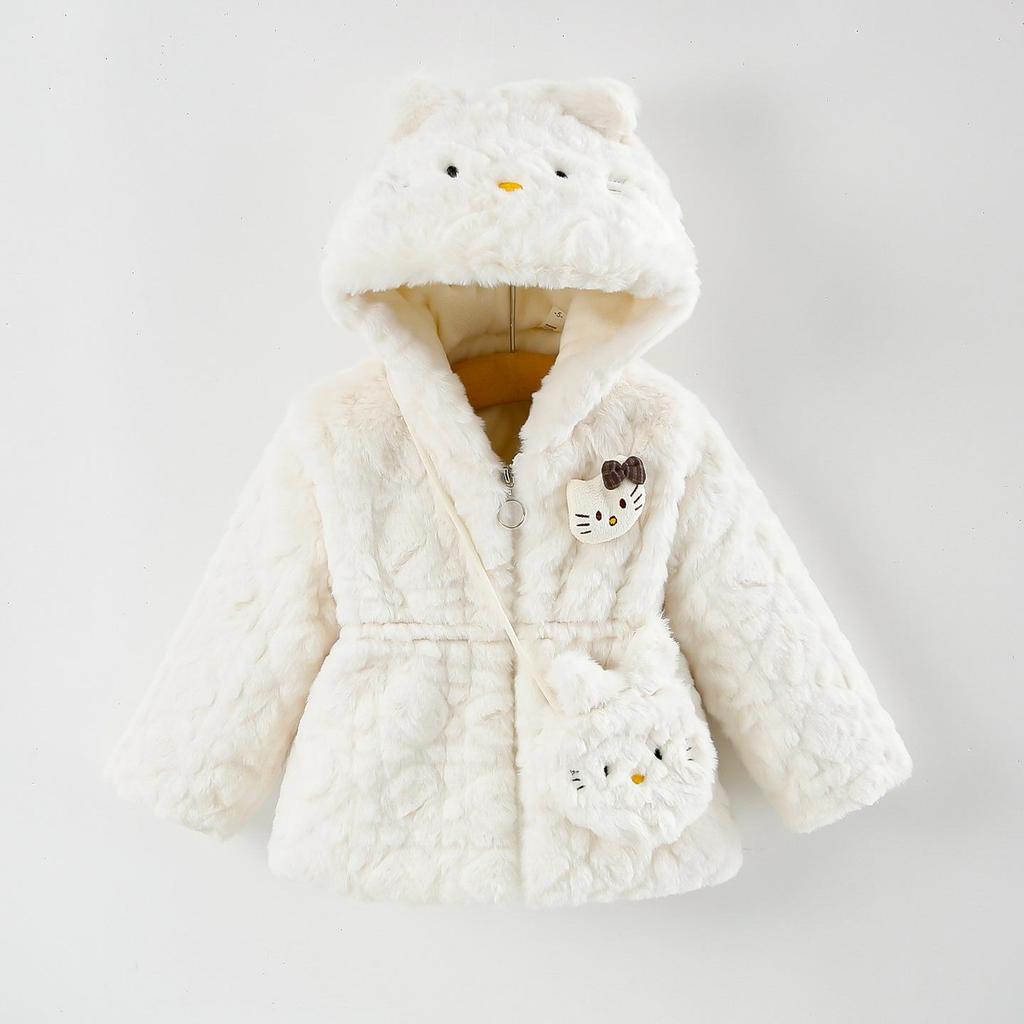 Свитер-пальто с капюшоном для девочек, с вышивкой мультяшного кота, пушистый, стеганый из искусственного меха, для осени/зимы