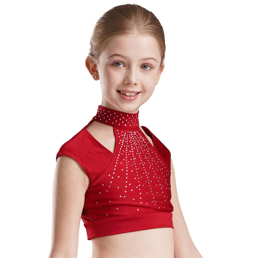 Girls Sleeveless Crop Top Shiny Rhinestones Cutout Design with V Front Waistband Shorts Dance Outfit