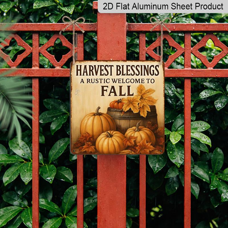 2D Flat, 1pc Vintage Metal Wall Decoration- Country Farmhouse Harvest Blessing Sign with Pumpkin Design- Aluminum Plaque Suitable Autumn