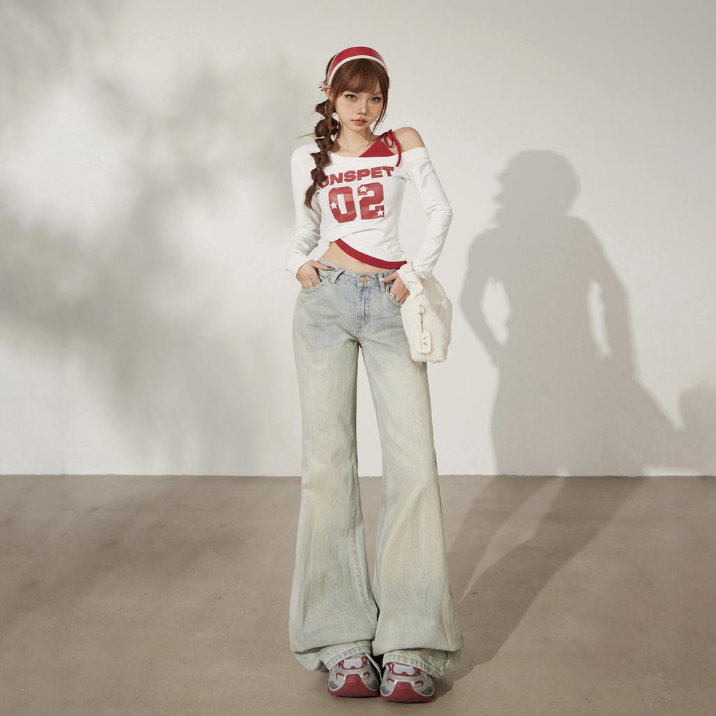 American retro old low-rise Spice Girl loose flared pants drape autumn and winter versatile jeans women's new models