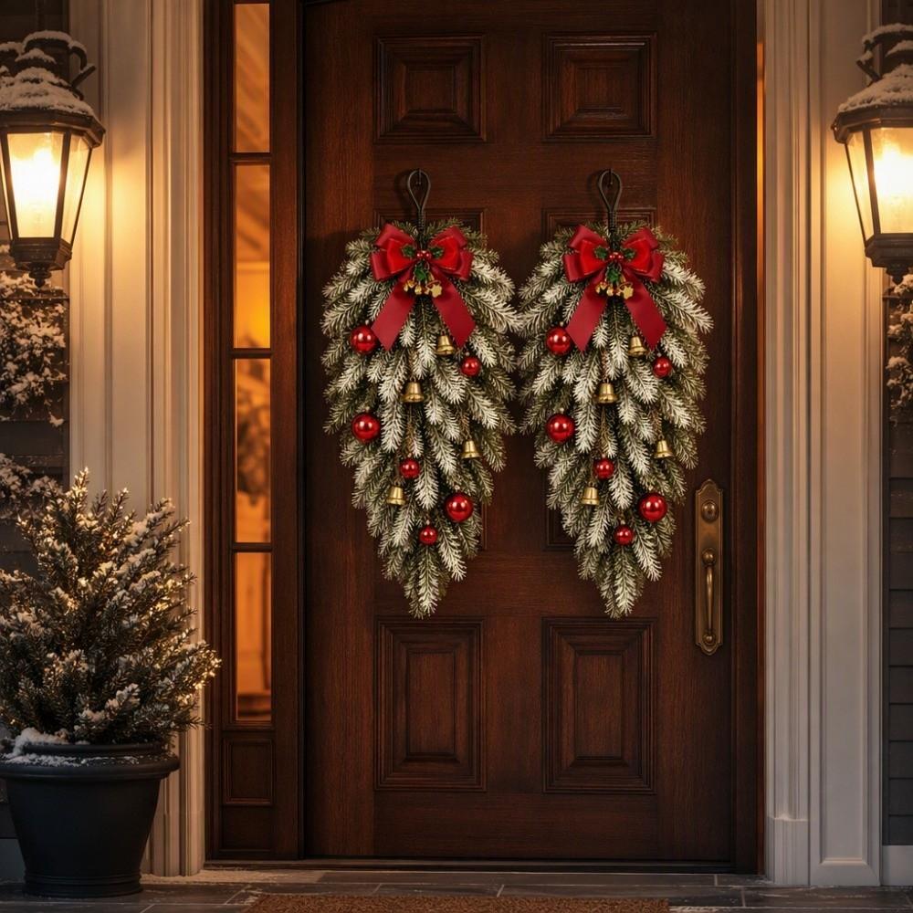 Red Bow Norfolk Pine Garland Artificial Holiday Wreath Set Christmas Decor Set Front Door