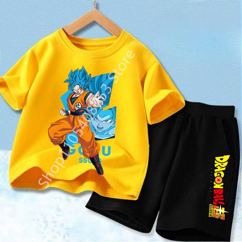 Dragon Ball Son Goku Anime T-shirt Set Kids Short Sleeve Pocket Shorts Ventilate 2-piece Set Boys Girls Cartoon Clothing