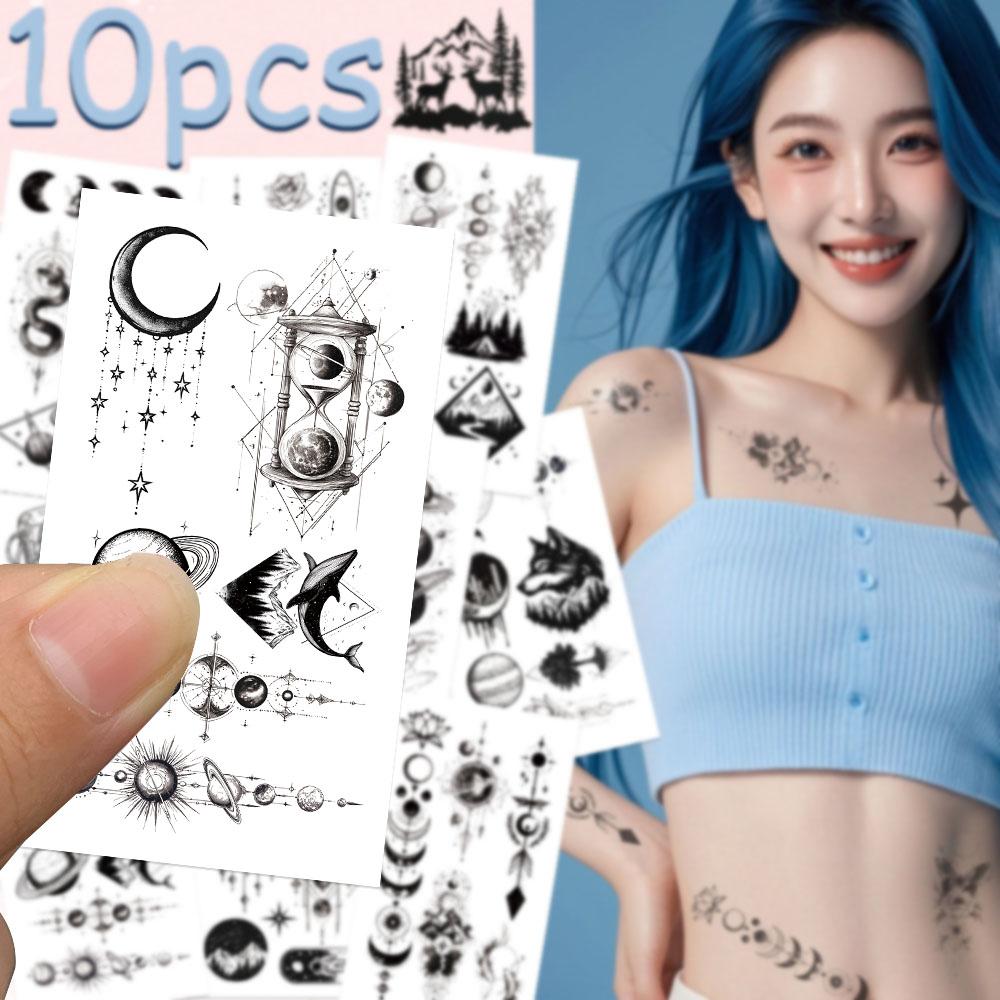 10sheets Black Mysterious Space Astronaut Planet Tattoo Stickers For Face Hand Arm Body Temporary Waterproof Tattoo Stickers