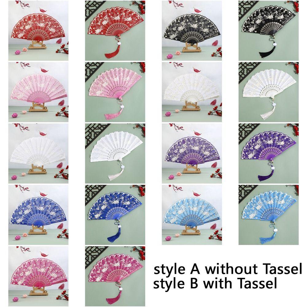 Portable Vintage Style Silk Hand Fan Floral Pattern Decorative Folding Fan with Tassel Handmade Handheld Fan Wedding Party