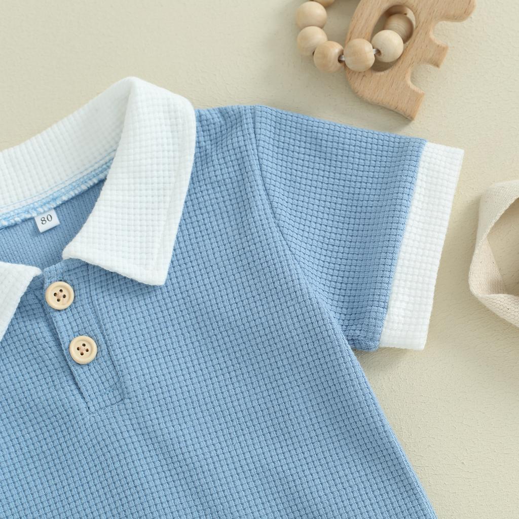 Toddler Boys Summer Outfits Contrast Color Buttons Short Sleeve T-Shirts Waffle Tops Elastic Waist Shorts 2Pcs Clothes Set