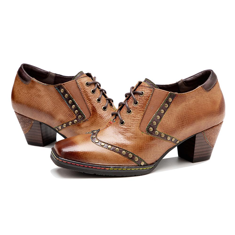 Johnature Женские туфли-лодочки из натуральной кожи, винтажные туфли на высоком каблуке с квадратным носком и заклепками, расписанные вручную, на толстом каблуке со шнуровкой