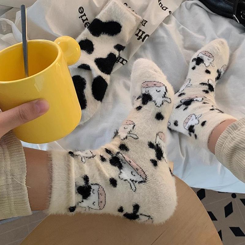 3 Pairs Cute Cow Spots Print Sock Thickened Warm Coral Fleece Women's Socks
