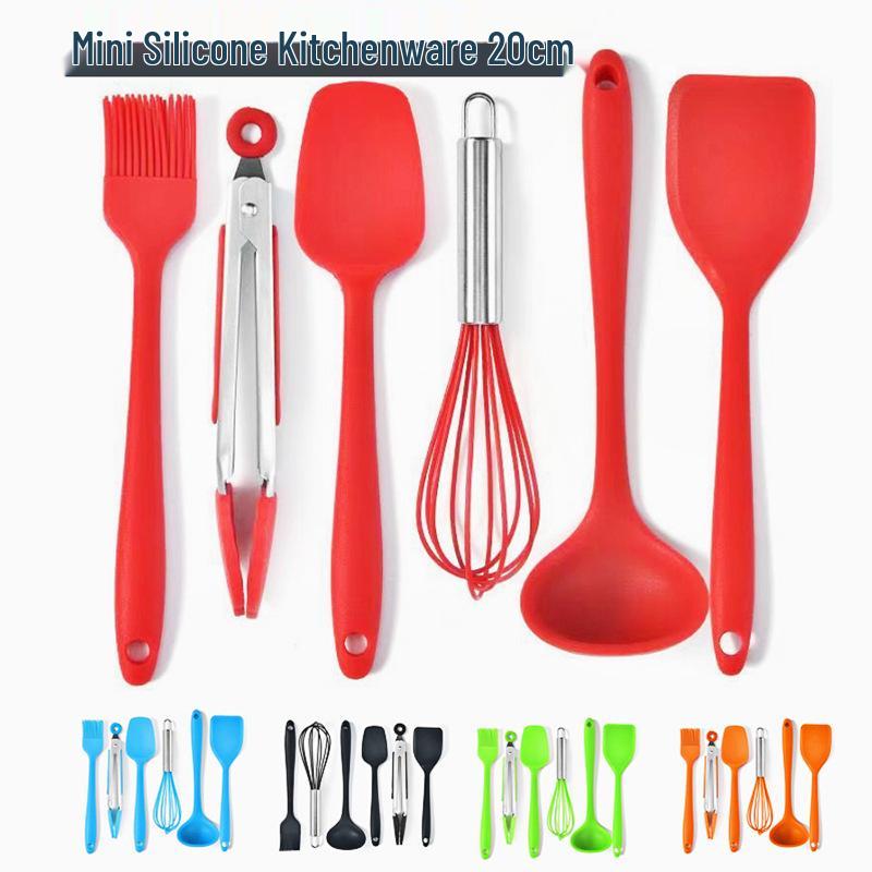 Мини-набор силиконовой кухонной утвари: Набор из 6 антипригарных кухонных принадлежностей для детей - Лопатка, Горшочек для детского питания, Суповая ложка