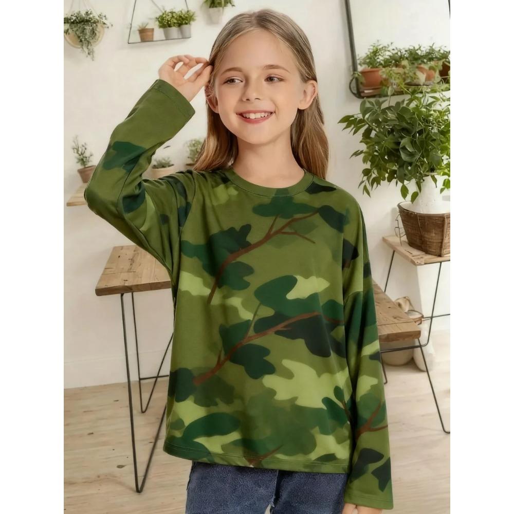 Spring and Autumn Round Neck Flower Plant Patterns 3D Printed Top Fashionable Casual Long Sleeved Children's Girl T-shirts
