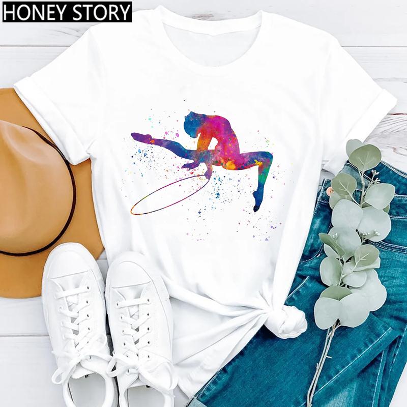 Watercolor Dance Gymnastics Print round Neck Casual T-shirt Short Sleeve Creative Fashion Summer Polyester Blend polyester fabri