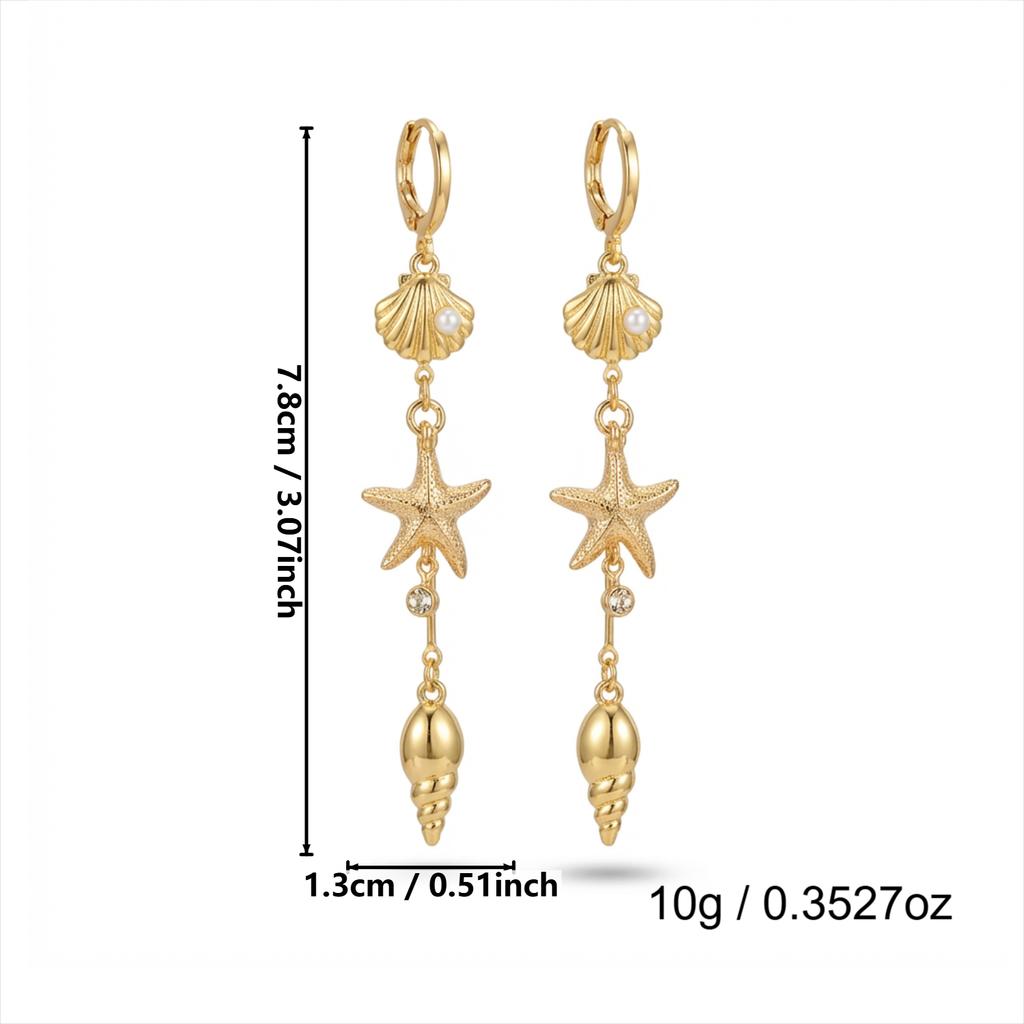 Mermaidcore Long Drop Earrings for Women Gold Color Shell Pearl Starfish Dangle Fairycore Aesthetic Summer Beach Jewelry Gift