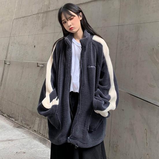 Зимнее женское пальто с воротником-стойкой, длинными рукавами, карманами, вышивкой, застежкой-молнией, цветные блоки, плотный флис, свободная спортивная повседневная куртка для повседневной носки