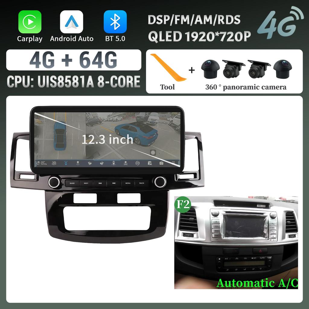 12,3-дюймовый автомобильный радиоприемник с мультимедиа 4G GPS для Toyota Hilux 2005-2014 Android 14 навигация беспроводной Carplay Bluetooth сенсорный экран