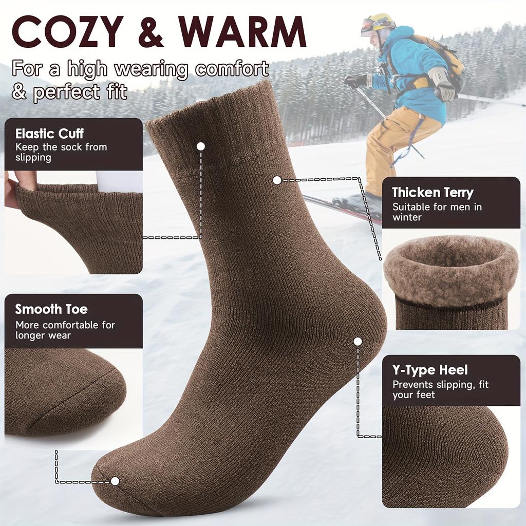 3 Pairs Thermal Socks For Men, Thick Winter Outdoors Warm Socks Mens, Soft Chunky Warm Classic Hiking Walking Boot Crew Socks,