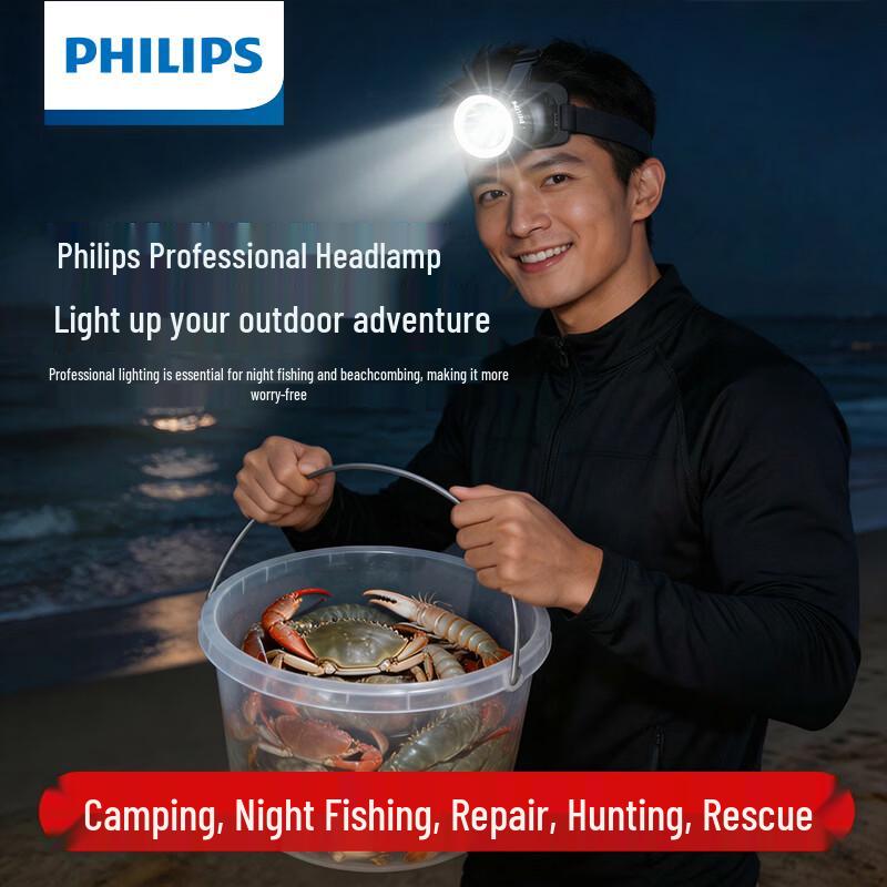 Philips Светодиодный налобный фонарь с тройным источником питания, перезаряжаемый