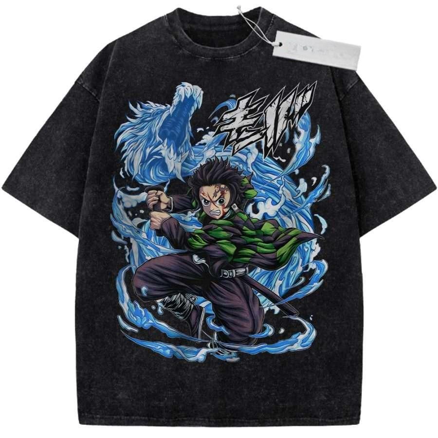 Summer Mens Black Washed T Shirt Demon Slayer Tanjiro Blue Wolf Water Breathing High Quality Fabric for Casual