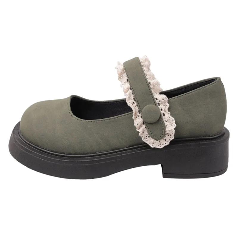 Женские туфли на каблуках с милой кружевной отделкой и круглым носком Туфли Мэри Джейн с пряжкой на липучке Модные туфли на платформе с широким каблуком в стиле Лолиты