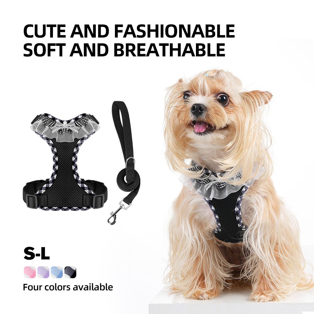 Lace Dog Harness and Leash Set Puppy Walking Elegant No Pull Cute Breathable Mesh Bow Small Dog Harness Vest Adjustable Outdoor