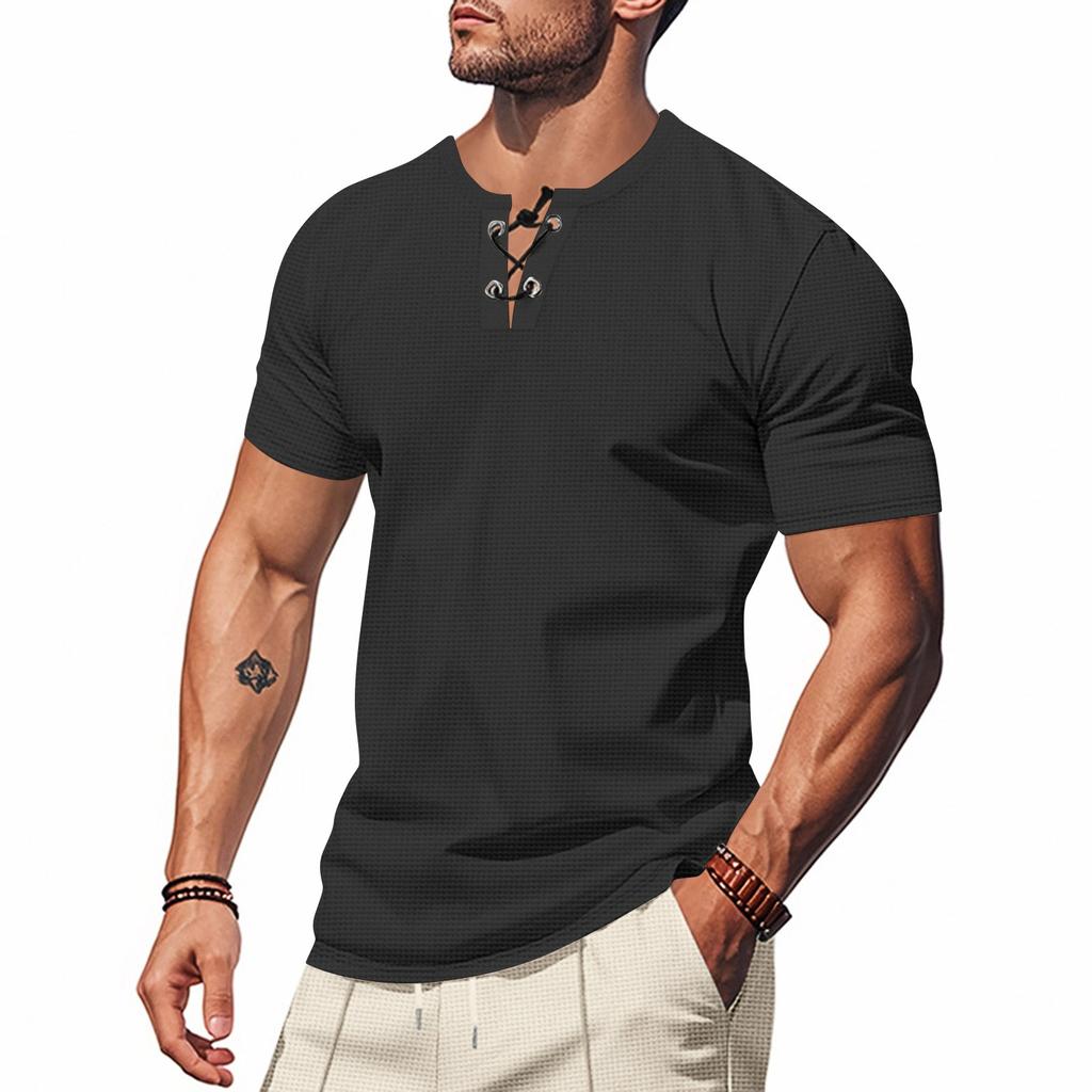 Мужская однотонная рубашка с короткими рукавами, завязывающаяся на шнурок, в спортивном стиле, повседневная