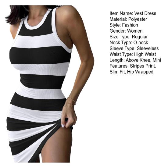 Летнее женское мини-платье с круглым вырезом без рукавов в полоску с принтом, жилет, облегающее облегающее платье, эластичный сарафан