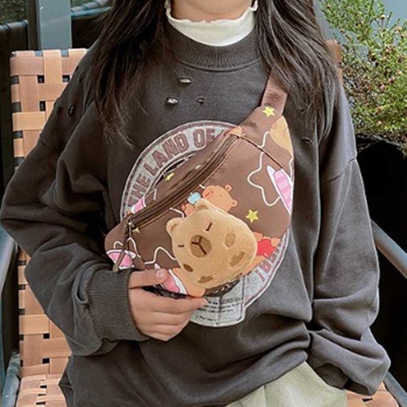 Trend Cartoon Large Capacity Boys Girls Waist Bag Cute Capybara Waist Packs Kid Chest Bag with Plush Doll Unisex Shoulder Bag