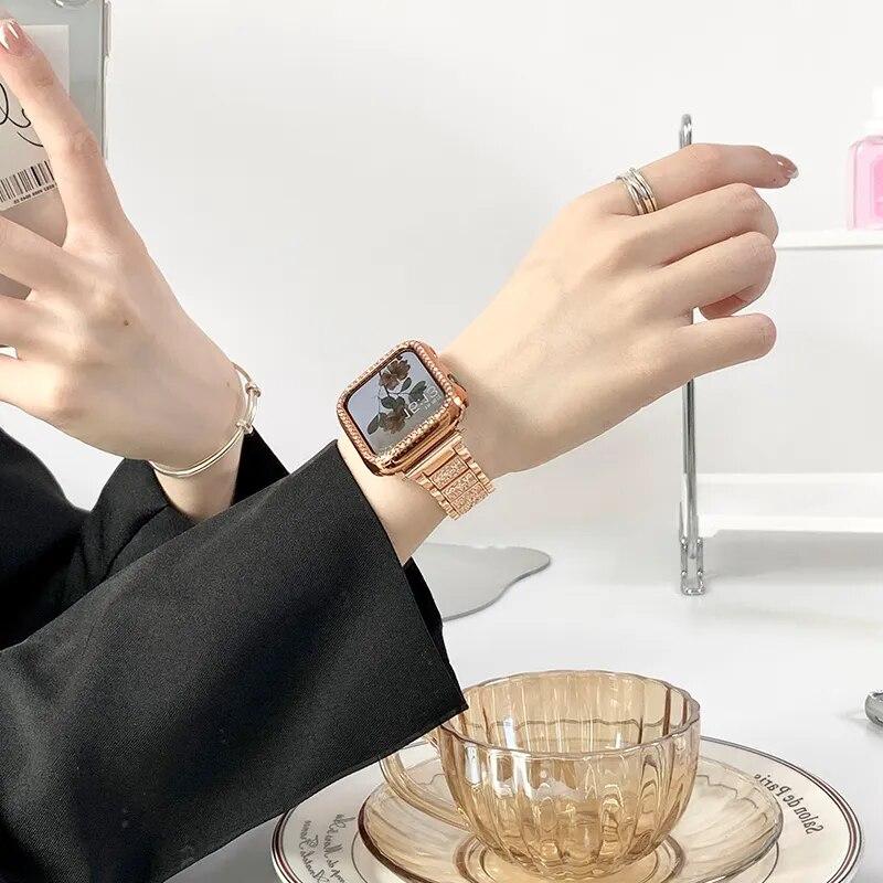 Чехол с бриллиантами + ремешок для Apple Watch Series 8, 7, 41 мм, ультра, 49 мм, 45 мм, ремешок из нержавеющей стали для iwatch 9 se 6, 5, 4, 3, 40 мм, 44 мм, 38 мм, 42 мм, металлический ремешок для часов