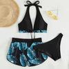 3 шт./компл. разделенное бикини с принтом листьев и бантом, трехсекционный тонкий купальник с открытой спиной для плавания