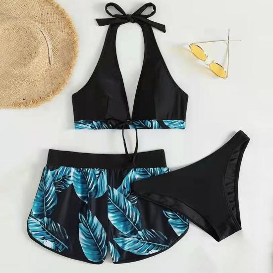 3 шт./компл. разделенное бикини с принтом листьев и бантом, трехсекционный тонкий купальник с открытой спиной для плавания