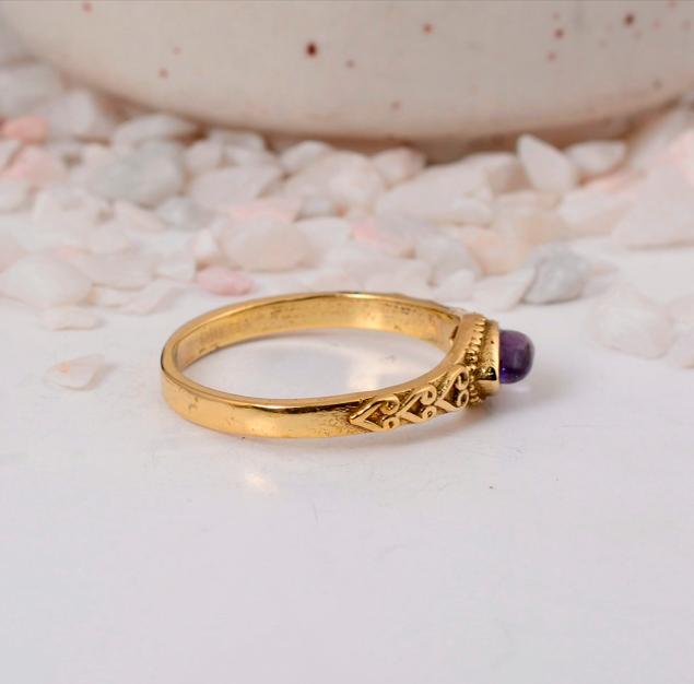 Vintage Gold Amethyst Marquise Ring: Delicate Purple Navette Gemstone and Ornate Filigree Band, Perfect for Stacking.